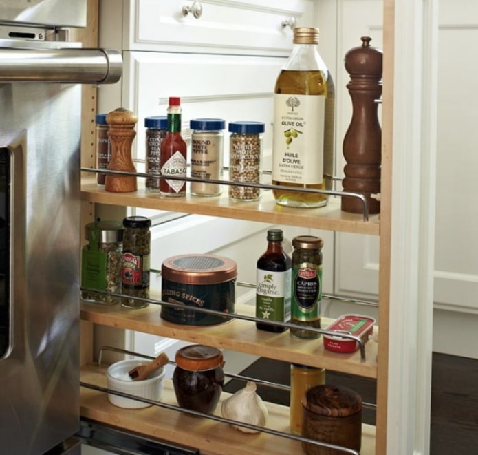 pull-out wooden shelf with spices