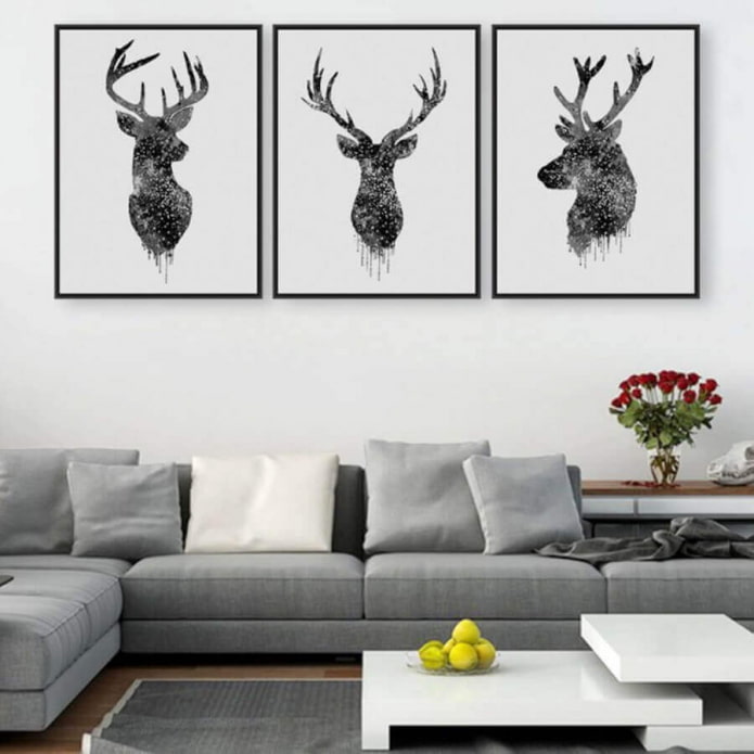 black and white posters in the living room