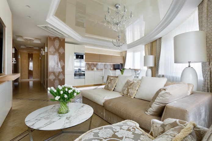 a combination of plasterboard with a stretch ceiling in the living room