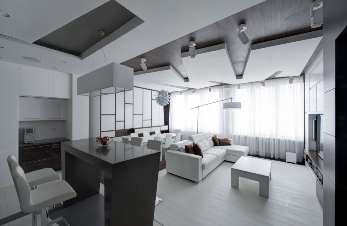 figured plasterboard ceiling in the form of a non-standard geometric forms