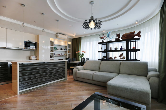 figured plasterboard ceiling in the form of diverging circles