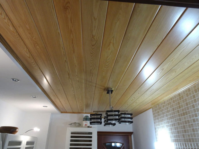 ceiling paneling made of spruce in the interior