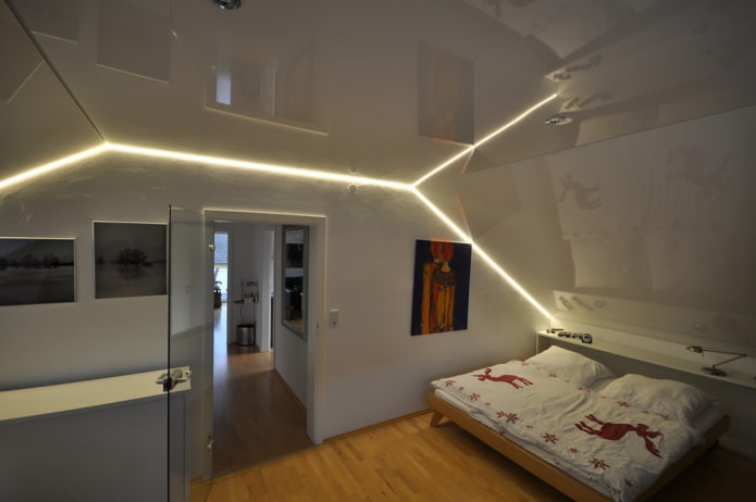 stretched canvas with illumination in the bedroom in the attic