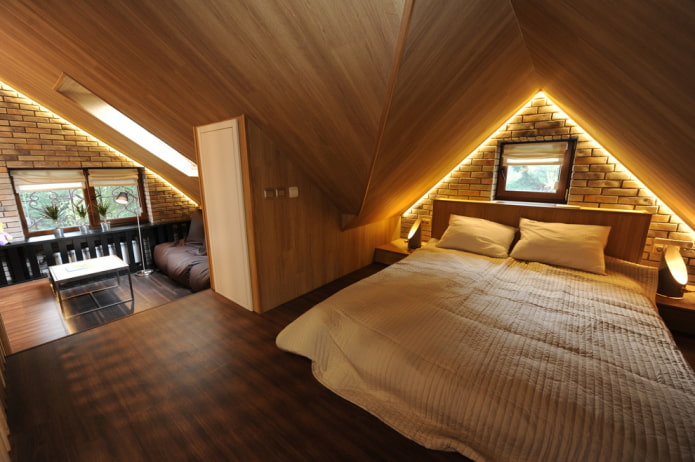wooden ceiling covering in the bedroom in the attic