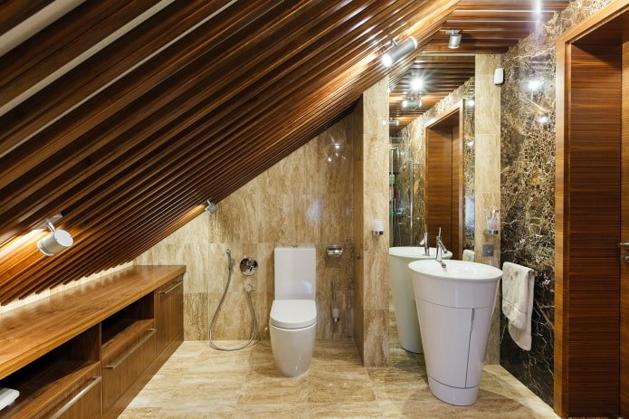 slatted ceiling in the toilet in the attic