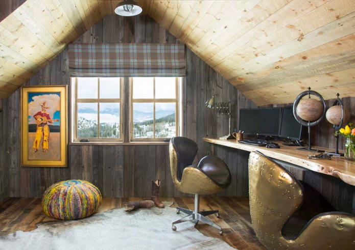 wooden ceiling structure in the attic in the country style