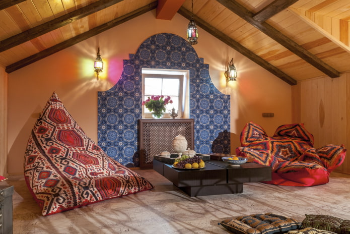 wooden ceiling structure in the attic in the oriental style
