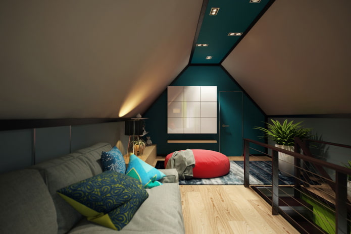 tension ceiling structure in the attic with a gable roof