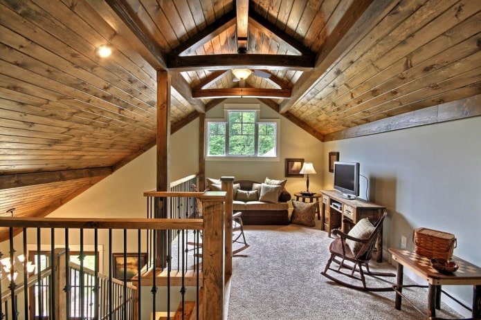 wooden ceiling structure in the attic with a gable roof