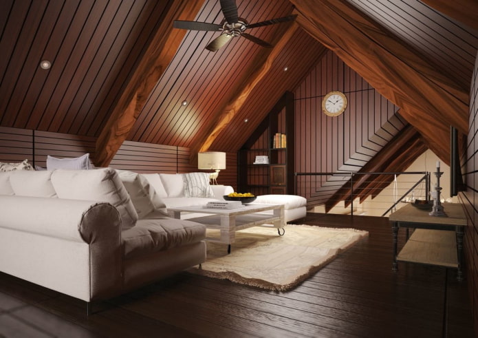 wooden ceiling structure in the living room on attic