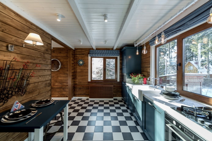 clapboard on the ceiling in the kitchen interior
