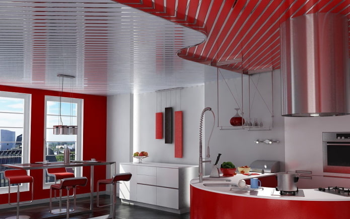slatted ceiling in the kitchen interior