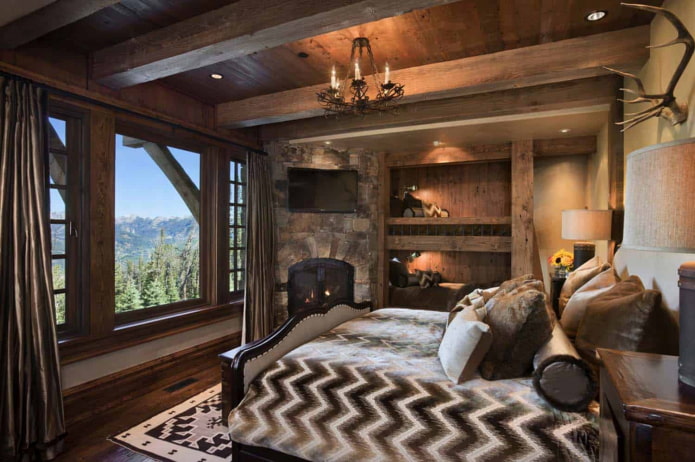 unfinished wooden ceiling in a chalet bedroom