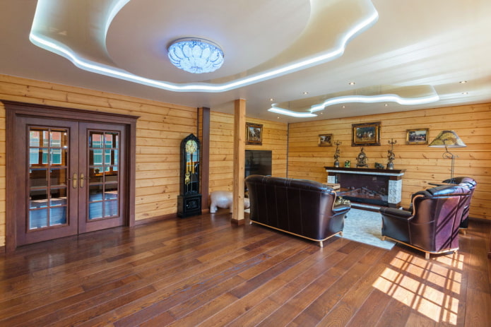 curly multi-level ceiling with backlighting in a wooden living room
