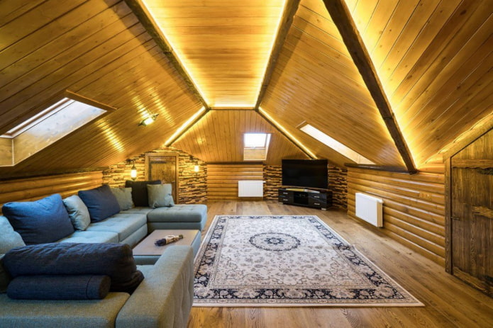 backlighting along the beams of a wooden ceiling