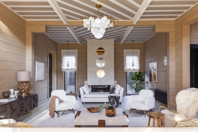 ceiling in the living room made of clapboard of different shades