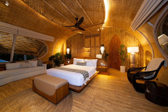 bedroom with bamboo and wicker wall and ceiling decoration