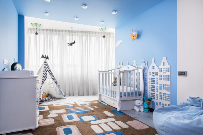 blue stretch ceiling in the nursery