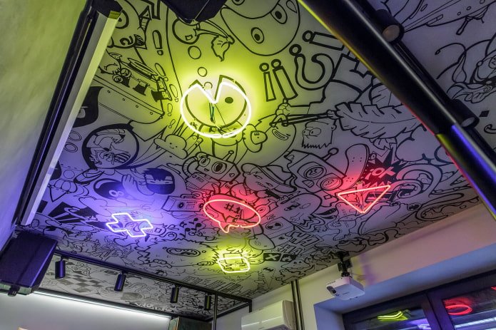 ceiling with graffiti-style drawings 