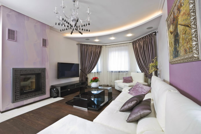 ceiling design in the living room with a bay window