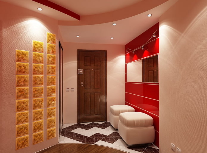 multi-level ceiling structure in the hallway