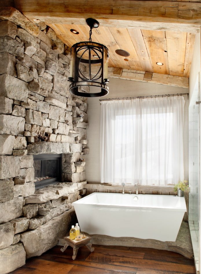 wooden ceiling in the bathroom interior