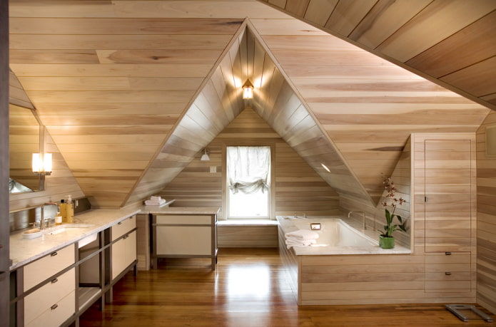 wooden ceiling in the bathroom interior