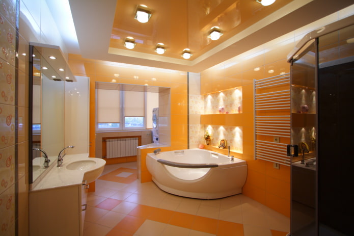 orange ceiling in the bathroom interior