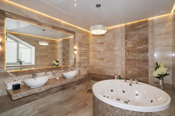 floating ceiling in the bathroom interior