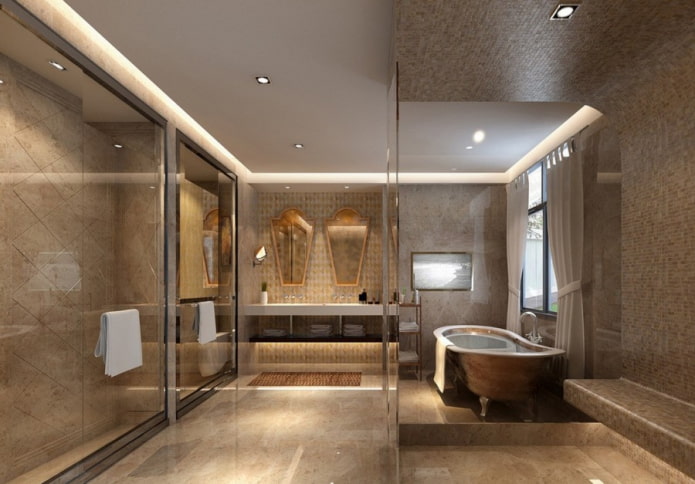 floating ceiling in the bathroom interior