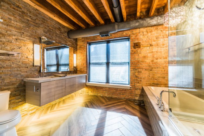 ceiling design in the bathroom in the loft style