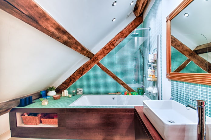 ceiling with beams in the bathroom interior