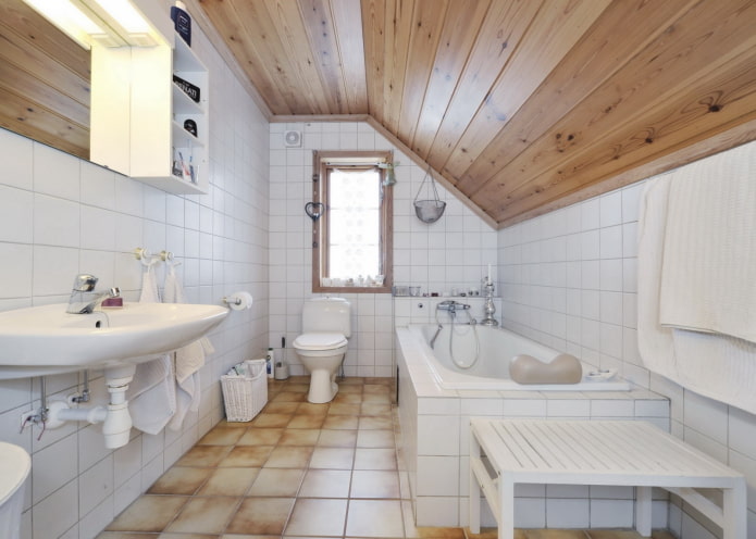 ceiling design in the interior of a bathroom in the attic