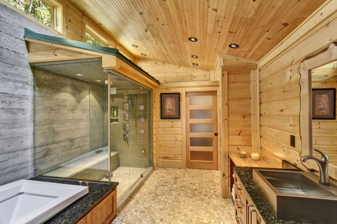 ceiling design in the interior of the bathroom in a wooden house