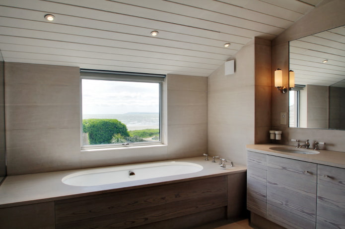 siding on the ceiling in the bathroom interior