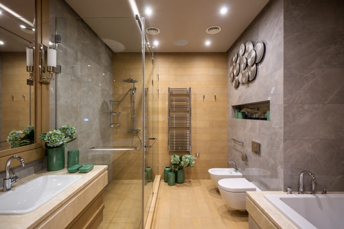 beige ceiling in the bathroom interior