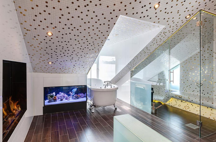 ceiling with mosaic in the bathroom interior