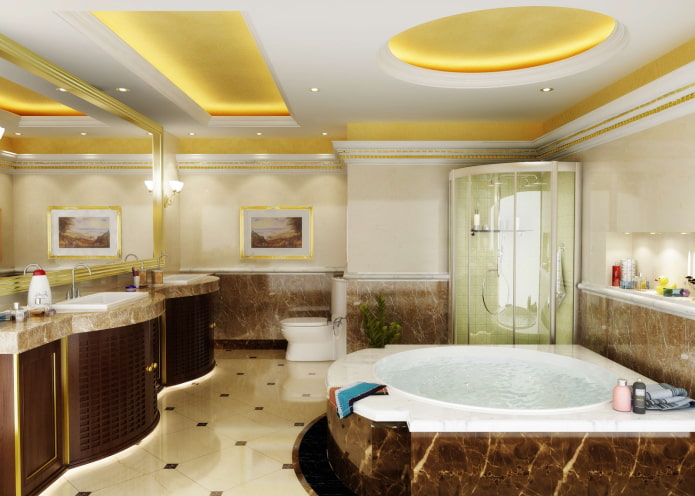 golden ceiling in the bathroom interior