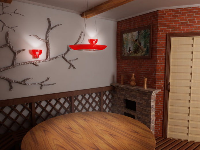 dressing the walls in the changing room with plaster and brick-like wallpaper