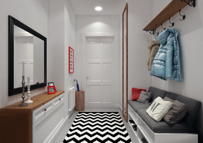 seat with space for shoes in the interior of a narrow corridor