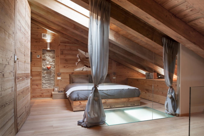 raw wooden attic bedroom interior