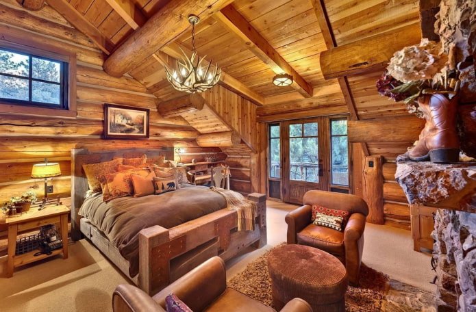 untreated wooden bedroom interior