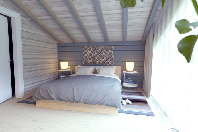 white and lilac bedroom in a wooden house