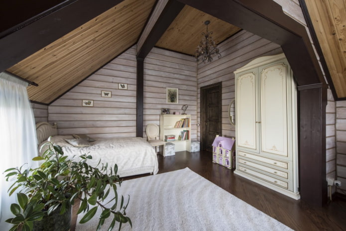 beige-brown children's room in a wooden house