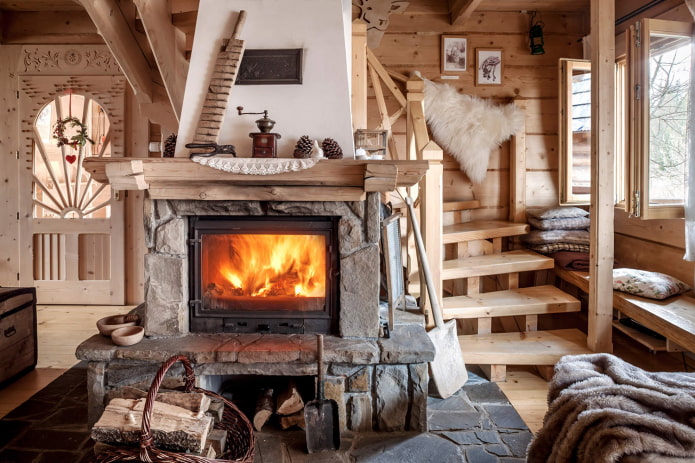 stone stove in a wooden house
