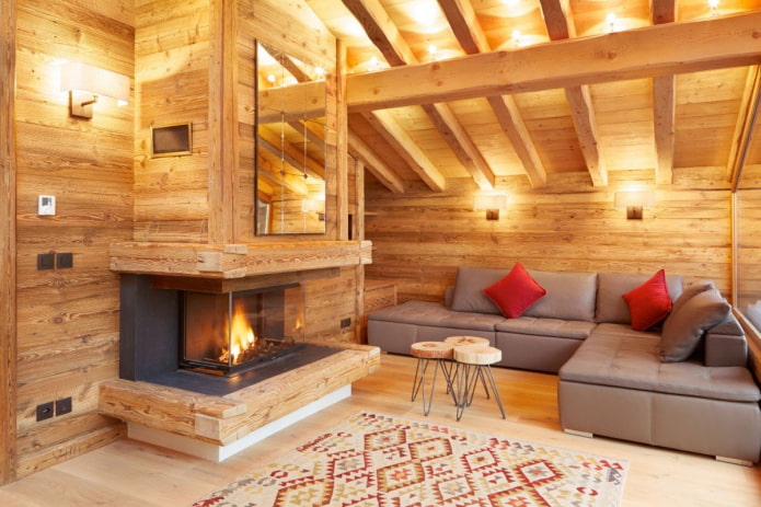 wood finishing of the room and fireplace
