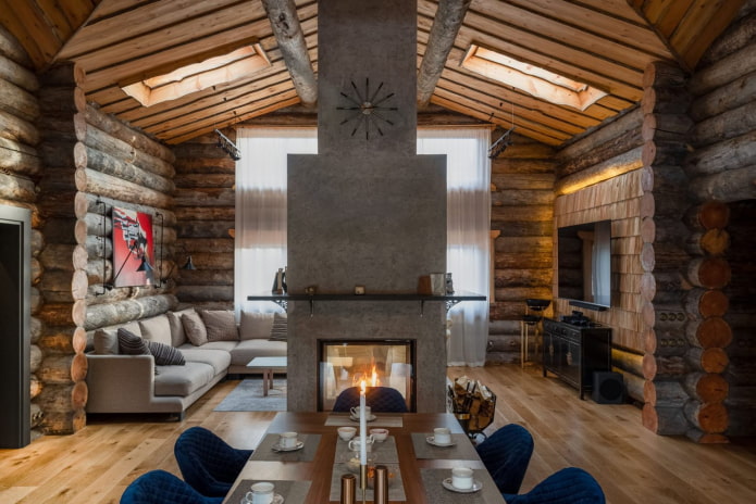 concrete fireplace in a wooden house