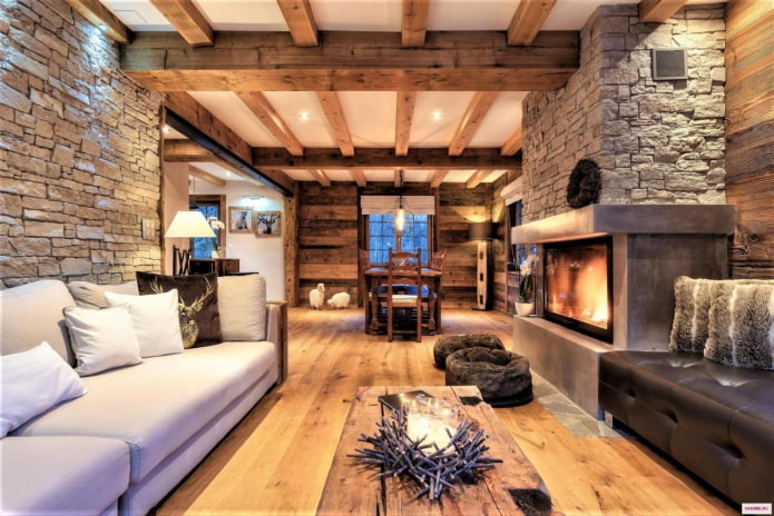artificial stone in the interior of a wooden house