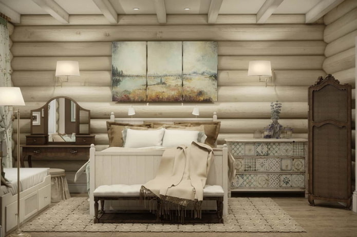whitewashed log in the bedroom