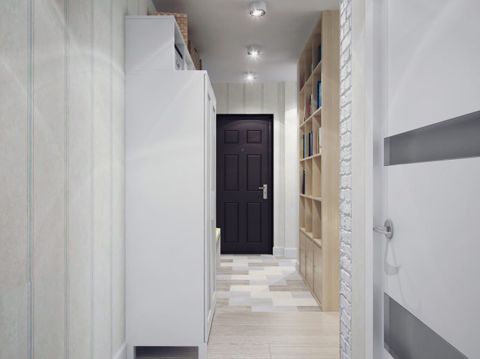 zoning the hallway and living room with a shelving unit